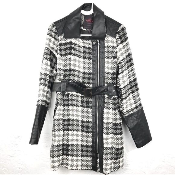 Yoki black grey plaid faux leather long belted statement coat - Picture 1 of 6